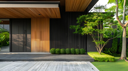 main door of the entrance. Japanese villa with a minimalistic exterior design. Front door lined with timber wood and walls with black panelling. Gorgeously landscaped backyard - obrazy, fototapety, plakaty