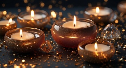 Background with burning candles in glass candlesticks - obrazy, fototapety, plakaty