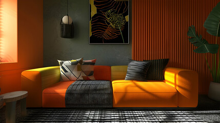 Memphis modern living room interior design. Brightly coloured sofa cushions contrast with a black and orange wall featuring a poster frame.