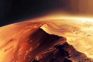 Poster Mars high vantage point, the red planet stretches out before you, bathed in the golden light of the rising sun. Towering mountains pierce the thin atmosphere, their jagged peaks casting long shadows a © VarunyuAi