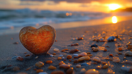 Ocean Sunset and Heart-Shaped Stone on Beach