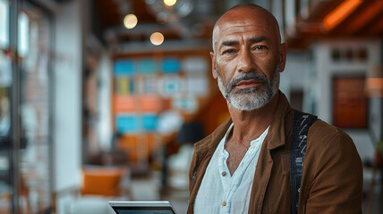 Fototapeta premium A man with a beard and gray hair is standing in a room with a tablet in his hand. a 50-year-old European male model standing in a seminar room, holding a tablet with an engaging presentation