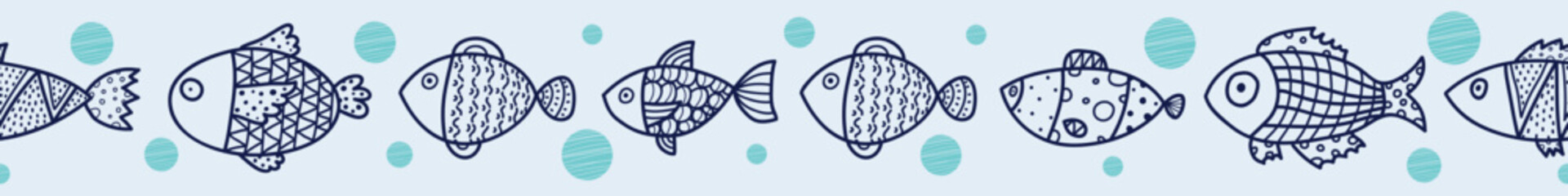 Vector seamless horizontal border with line fish. Cute illustration. - 780759359