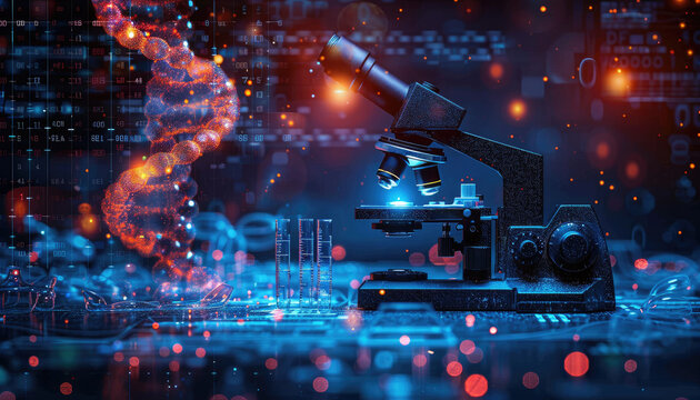 A microscope is shown with a blurry background of a pattern of lights by AI generated image