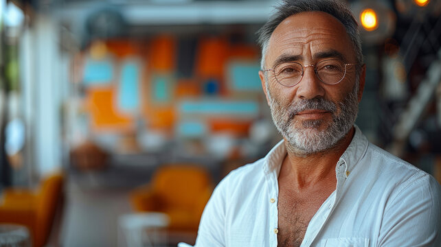 A man with a beard and gray hair is standing in a room with a tablet in his hand. a 50-year-old European male model standing in a seminar room, holding a tablet with an engaging presentation