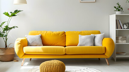 Modern living room and home interior design in a Scandinavian style. Bright yellow couch, knitted pouffe, and bookcase