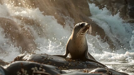 Seal Gracefully Performing Ballet Dance on Rocky Coastal Shoreline with Crashing Waves