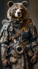 Ursine Cosplayer Donning Elaborate Futuristic Attire and Gear at a Fantastical Convention - obrazy, fototapety, plakaty