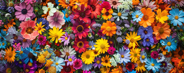 colorful flowers meadow texture background, top view	
