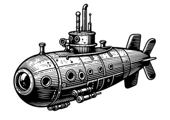 Submarine in steampunk style sketch PNG