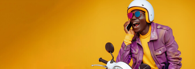 funny and loud young african man, he is on the phone and riding a fast scooter at the same time, he is wearing modern yellow and purple casual clothes and a scooter helmet, plain yellow background - obrazy, fototapety, plakaty