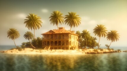 An island in the middle of the ocean and an old house on it in the shade of palm trees. Generative AI, Generative, AI