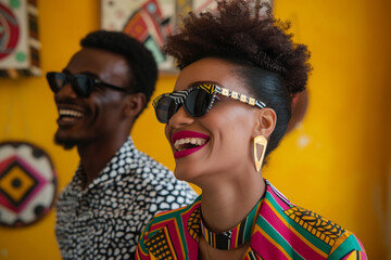 A woman wearing a colorful dress and sunglasses is smiling at the camera. She is wearing a necklace and earrings. young amercan couple laughing, woman wearing beatiful gold earings, braclets - Powered by Adobe