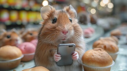 Hamster Holding Smartphone in Bakery - obrazy, fototapety, plakaty