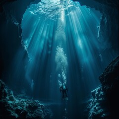 Immerse your audience in the thrilling adventures of deep sea diving with a visually stunning long shot of a diver descending into the abyss - obrazy, fototapety, plakaty