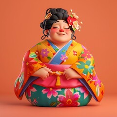 A plump woman with a bright smile in a colorful kimono 3d realistic pastel minimal cute