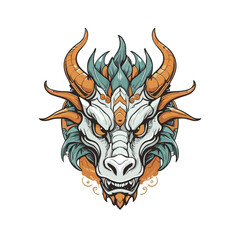 Intricately designed dragon head illustration in vivid colors