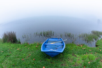 Blue Paddle Boat Dam Waters Mist Holiday Landscape - 780760960