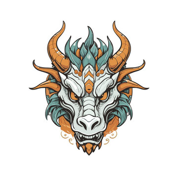 Intricately designed dragon head illustration in vivid colors