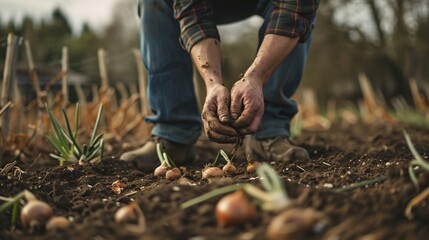 A young farmer farming onions. Field landscape from the back. Generated by artificial intelligence.