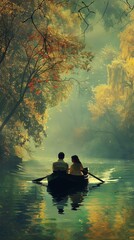 A couple rowing a boat on a lake, enjoying a romantic moment. Valentine's Day concept. Happy man...