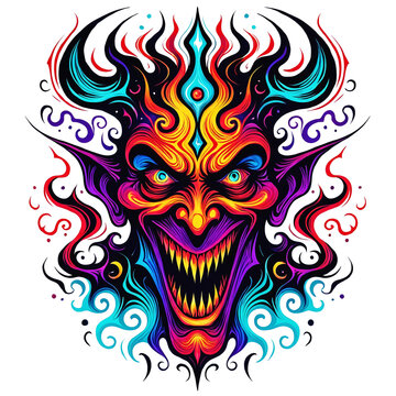 A colorful illustration of a devil or demon with red, blue, green and yellow colors. The face of the demonic figure is painted with intricate details, giving it a frightening appearance.