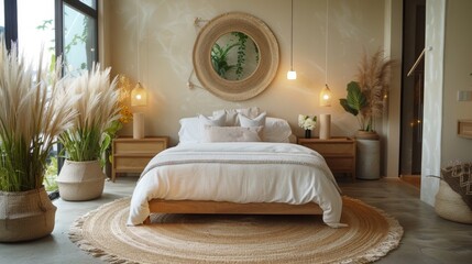 a bedroom is adorned with light wood furniture, beige walls, and a sizable round mirror positioned above the bed
