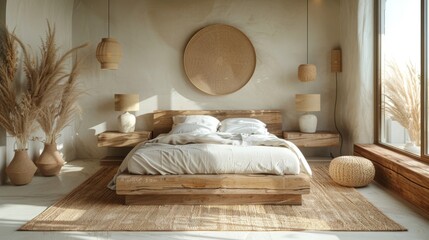 a bedroom is adorned with light wood furniture, beige walls, and a sizable round mirror positioned above the bed
