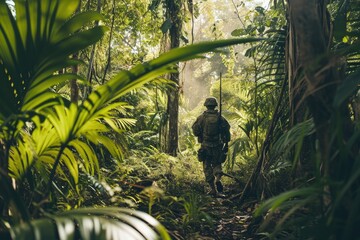A soldier is  walking A soldier on patrol in a dense jungle, Ai generated