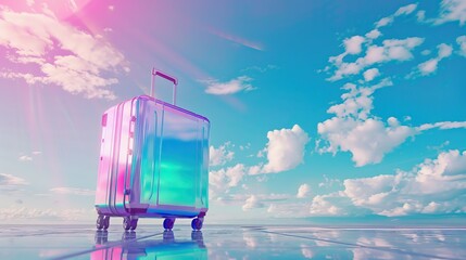 A holographic suitcase stands on a reflective surface under a bright sky - obrazy, fototapety, plakaty