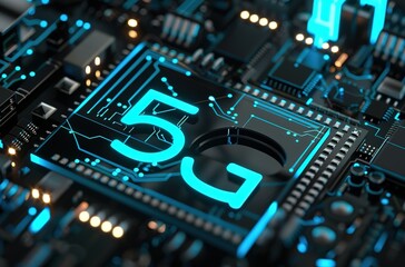 Fototapeta na wymiar 5G Technology Landscape: Detail view of a 5G circuit board illuminated with dynamic lighting to symbolize high-speed connectivity and advanced technology