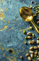 A scoop of pistachio ice cream surrounded by fresh pistachios on a textured blue surface, perfect for summer refreshment