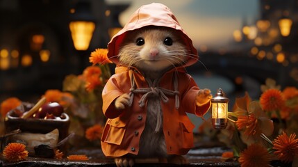 Adorable Mouse in Raincoat Holding Lantern Among Autumn Leaves