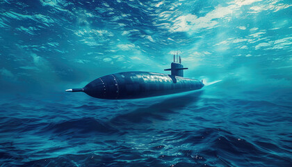 A submarine is in the water, and it is surrounded by blue water by AI generated image