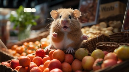 Adorable Hamster on Fruit Stand - obrazy, fototapety, plakaty