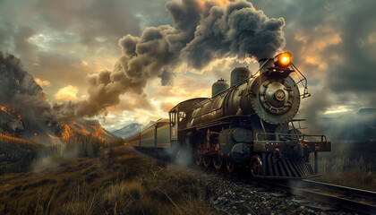 Steam train at sunset - obrazy, fototapety, plakaty