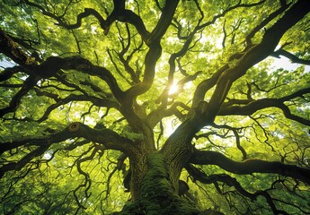 Sunlight filters through the vibrant green leaves of the majestic tree, highlighting the intricate patterns of the bark and branches.