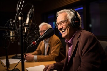 Joyful senior with headphones hosting a podcast, laughter filling the recording studio