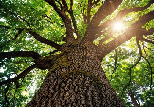 Sunlight filters through the vibrant green leaves of the majestic tree, highlighting the intricate patterns of the bark and branches.