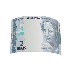 Flying 3D Brazilian Two Reais Banknote with Transparent Background