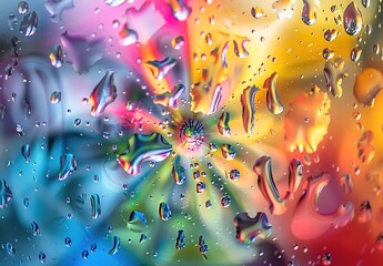Vibrant colors dance behind raindrops: a mesmerizing combination of nature art captured on window glass - obrazy, fototapety, plakaty