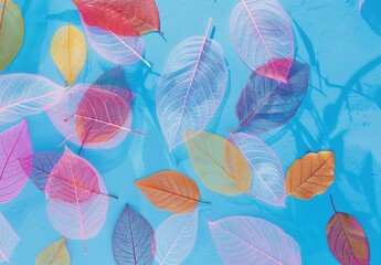 Bright collection of transparent multi-colored leaves on a blue background