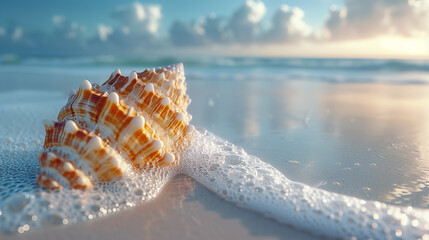 Obraz na płótnie Canvas Seashell by the sea, lovely summer day at the beach.