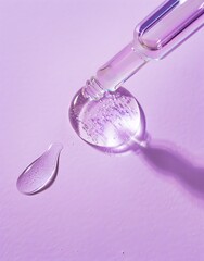 Close-up of a transparent pipette dispensing liquid against a bright purple background, highlighting the purity of the liquid