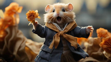 Singing Hamster with a Flower Bouquet - obrazy, fototapety, plakaty