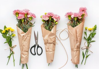Elegantly packaged bouquets of fresh flowers with scissors on a white background, ideal for special occasions and everyday beauty - obrazy, fototapety, plakaty