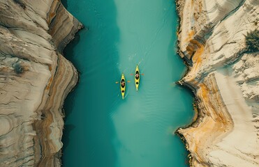 Aerial adventure: two kayakers paddle through turquoise waters amidst rugged terrain, capturing the essence of exploration and the beauty of nature