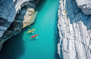 Aerial adventure: two kayakers paddle through turquoise waters amidst rugged terrain, capturing the essence of exploration and the beauty of nature