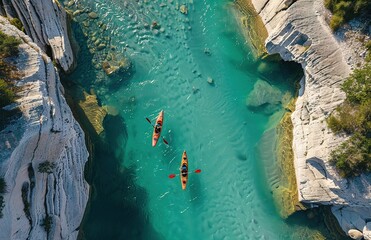 Aerial adventure: two kayakers paddle through turquoise waters amidst rugged terrain, capturing the essence of exploration and the beauty of nature - obrazy, fototapety, plakaty