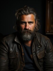 Obraz premium A man with a beard wearing a leather jacket